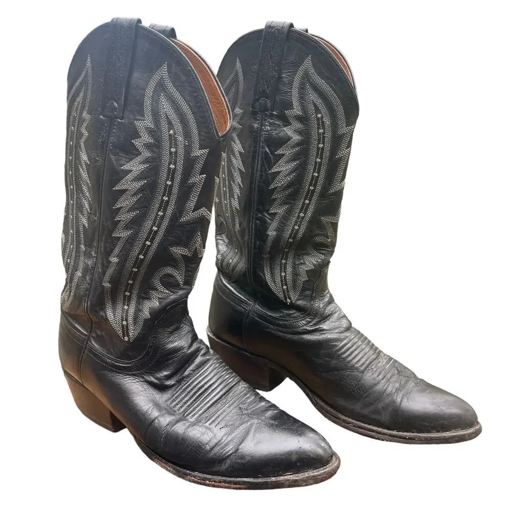 Lucchese 2000 Black Leather Cowboy Boots Snip Toe Mens 8 D